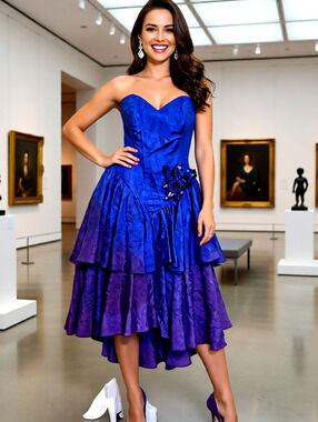 Vintage TD4 Blue Ombre Strapless 1980 Tiered Skirt Sweetheart Neck Prom Dress